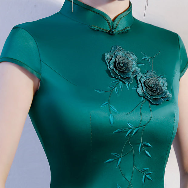 Dark Green Embroidered Long Qipao / Cheongsam Dress