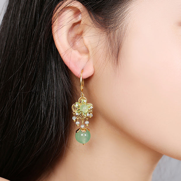 Green Jade Dangle Clip On Pierced Earrings