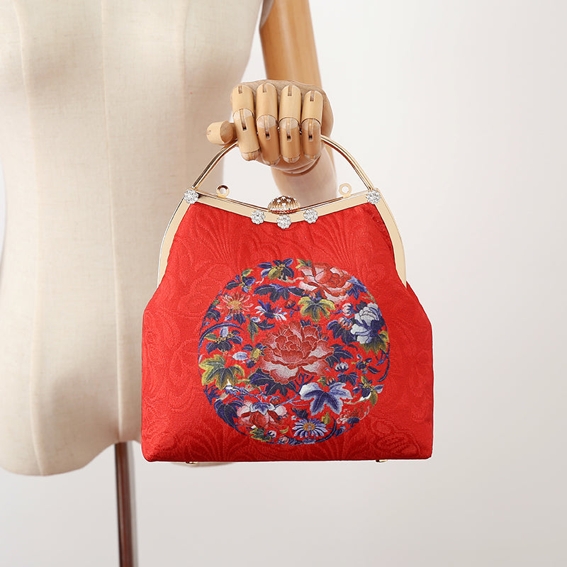 Red Printed Floral Chain Shoulder Cross Handbag