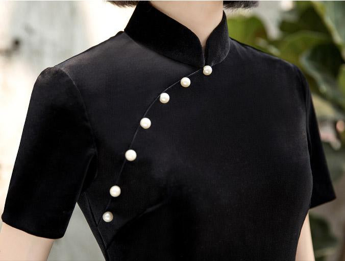 Thigh Split Velvet Modern Qipao / Cheongsam Maxi Dress