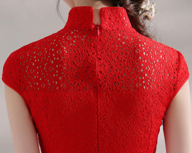 Red Lace Phoenix Short Qipao / Cheongsam Wedding Dress