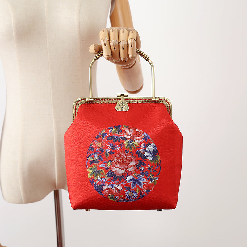 Red Printed Floral Chain Shoulder Cross Party Bag