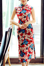 Red Floral Linen Long Qipao / Cheongsam Dress