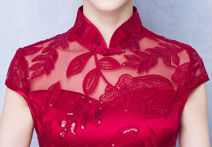 Red Sequined Mermaid Qipao / Long Cheongsam Wedding Dress