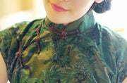 Green Floral Linen Ankle-Length Qipao / Cheongsam Dress