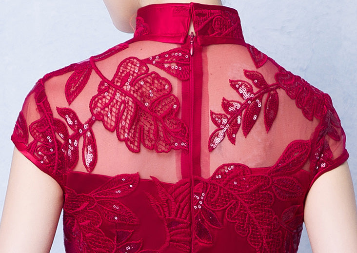 Red Sequined Mermaid Qipao / Long Cheongsam Wedding Dress