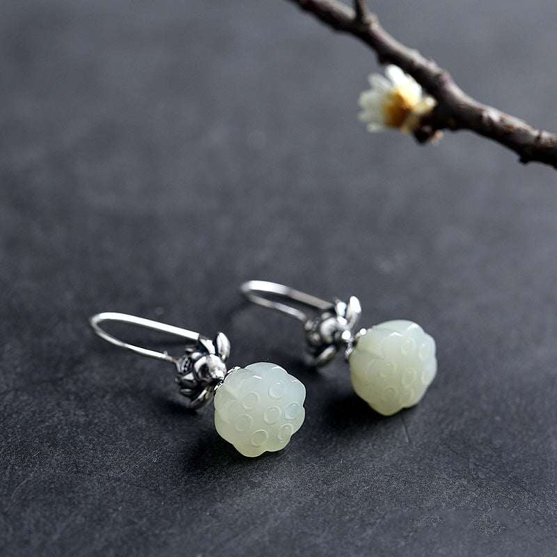 White Jade Lotus Silver Dangle Drop Earrings