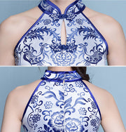 Blue & White Floral Halter Short Qipao / Cheongsam Dress