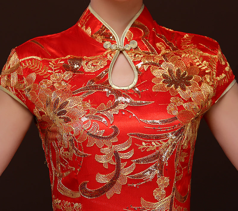 Full-Length Sequins Floral Cheongsam / Qipao Evening Dress