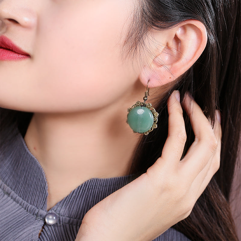 Green Jade Dangle Drop Pierced Clip On Earrings