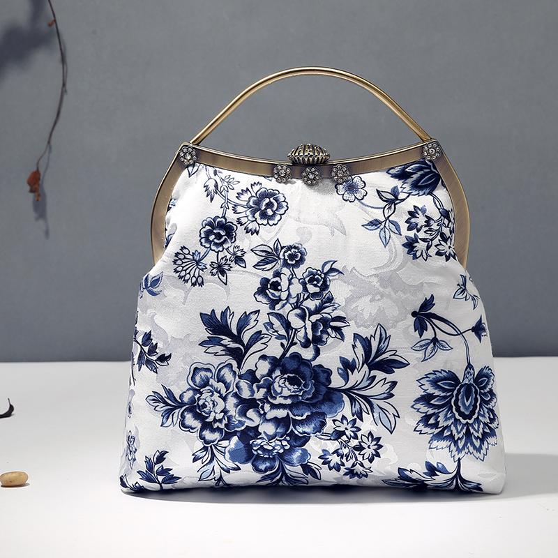 White Blue Floral Top Handle Clutch Handbag