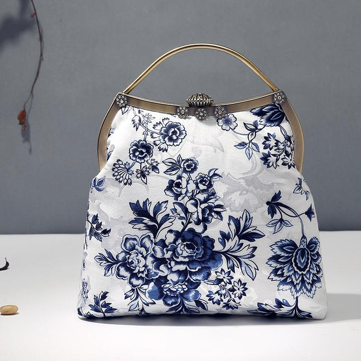 White Blue Floral Top Handle Clutch Handbag