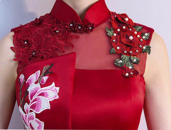 Red Embroidered Phoenix A-Line Qipao / Cheongsam Wedding Dress