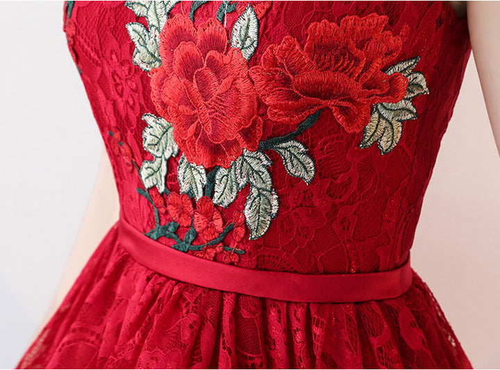 Red Lace Qi Pao Cheongsam Dress with High Low Hem
