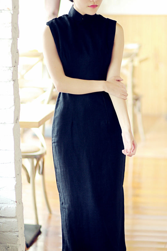 Black Ramie Tea-Length  Qipao / Cheongsam Dress