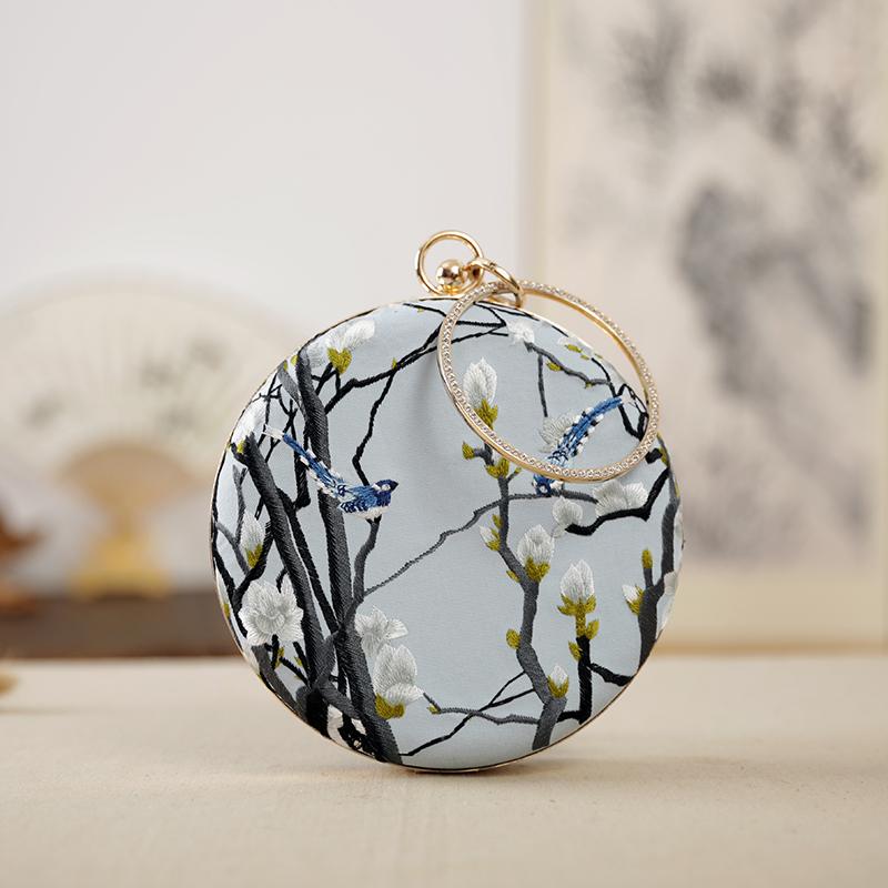 Blue Embroidered Chain Strap Ring Wristlet Bag