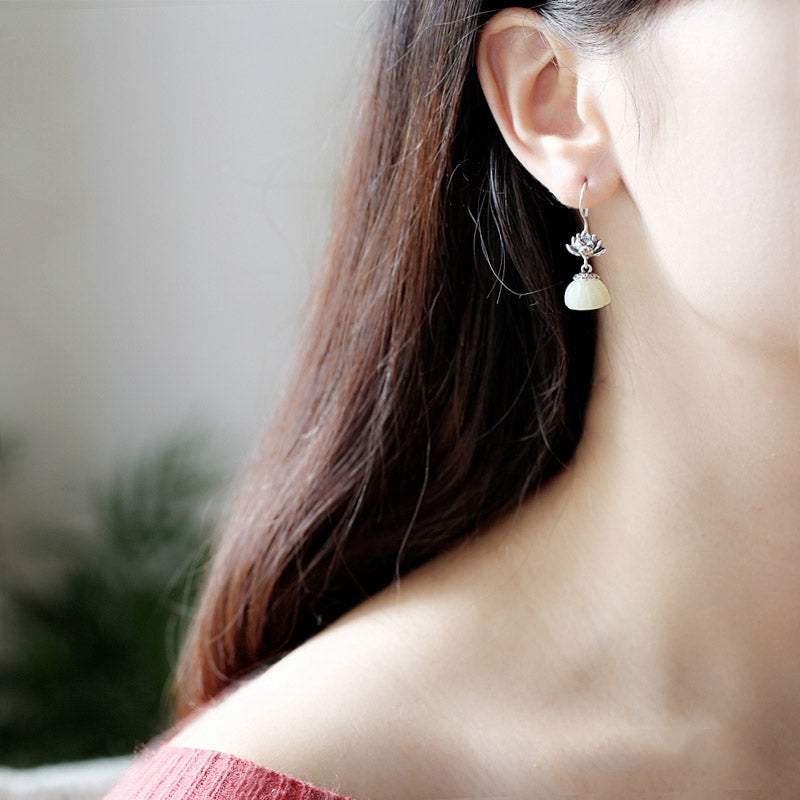 White Jade Lotus Silver Dangle Drop Earrings
