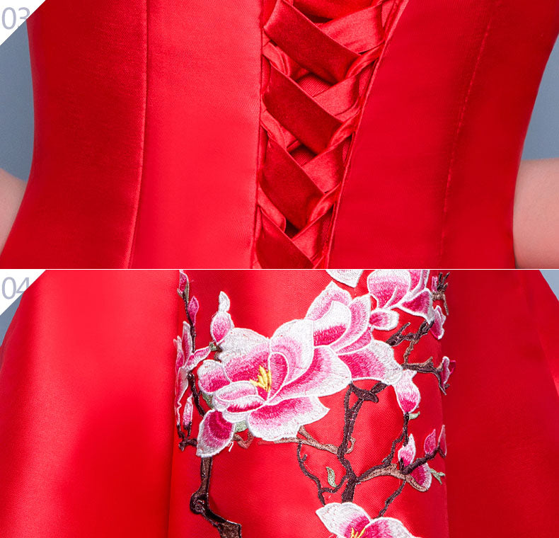 Red Embroidered Wedding Qipao / Cheongsam Dress with Fishtail Train