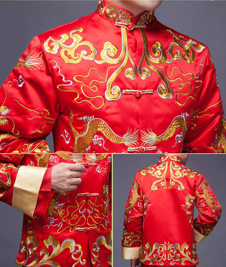 Red Embroidered Men's Wedding Qun Gua, Jacket & Gown