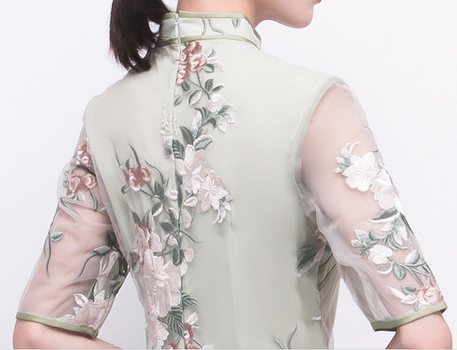 Green Embroidered Long Qipao / Cheongsam Party Dress