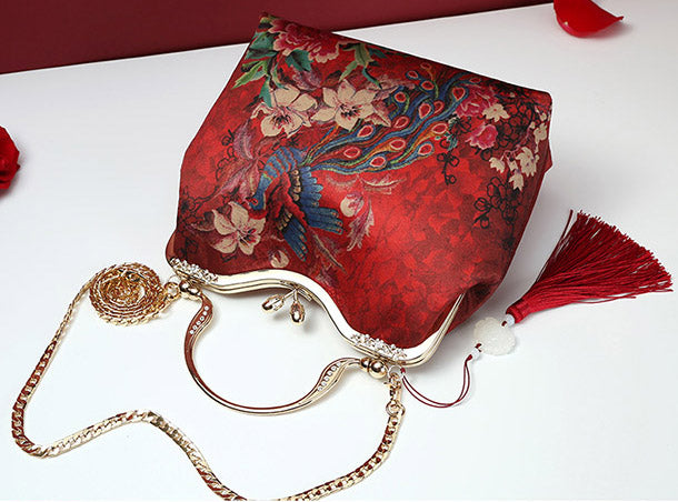 Red Printed Phoenix Chain Shoulder Cross Hand Bag