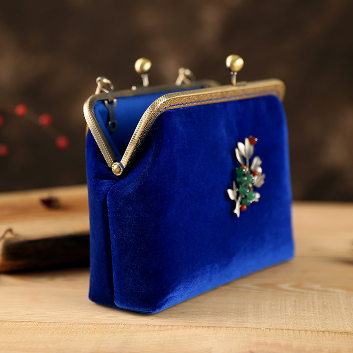 Blue Velvet Chain Shoulder Cross Clutch Bag
