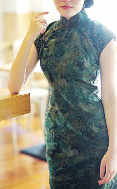 Green Floral Linen Ankle-Length Qipao / Cheongsam Dress