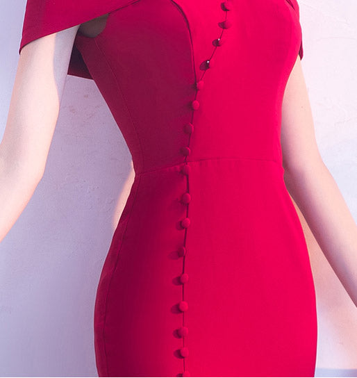 Wine Red Cold Shoulder Fishtail Qipao / Cheongsam Wedding Dress