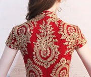Red Long Qipao / Cheongsam Evening Dress with Gold Appliques