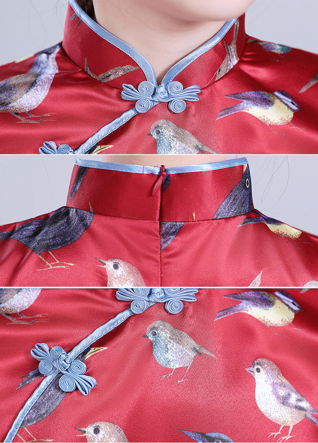 Red Kid Girl's Cheongsam / Qipao Dress in Bird Print
