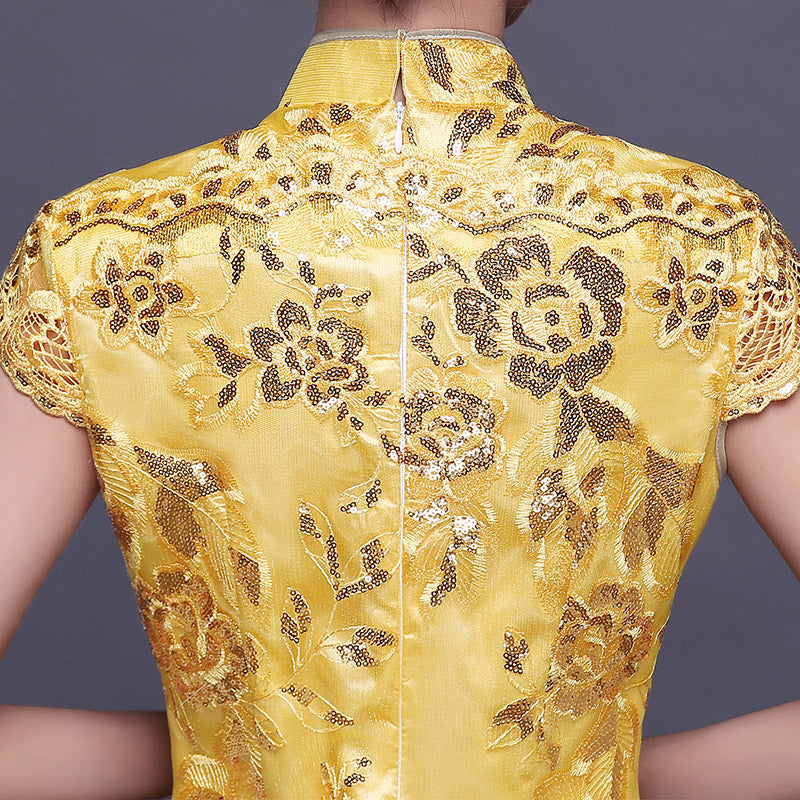 Golden Sequins Ankle-Length Qipao / Cheongsam Evening Dress