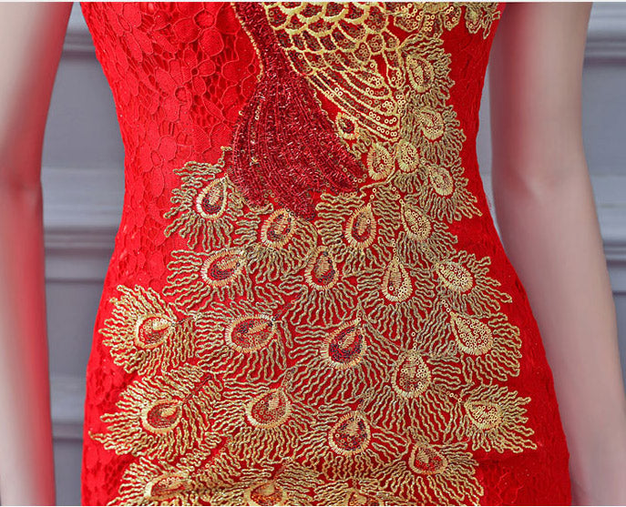 Red Lace Phoenix Fishtail Long Qipao / Cheongsam Wedding Dress