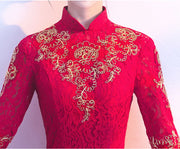 Wine Red Lace Floor Length Cheongsam / Qipao Wedding Dress
