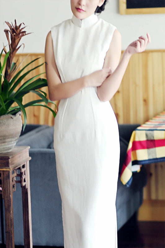 White Ramie Tea-Length  Qipao / Cheongsam Party Dress