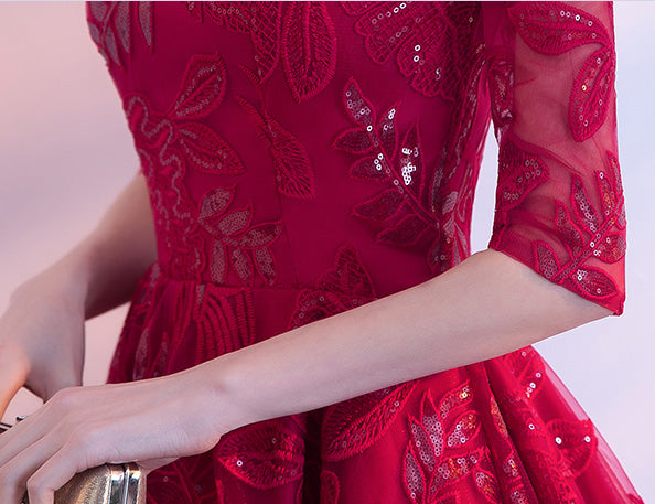 Sequined Wine Red Qipao / Cheongsam Evening Dress with Dipped Hem
