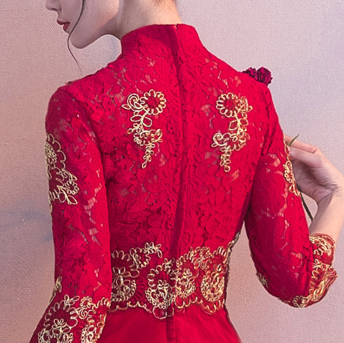 Wine Red Lace Qipao / Cheongsam Evening Dress with Dipped Hem