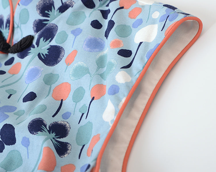 Chic Blue Floral Midi Qipao / Cheongsam Dress