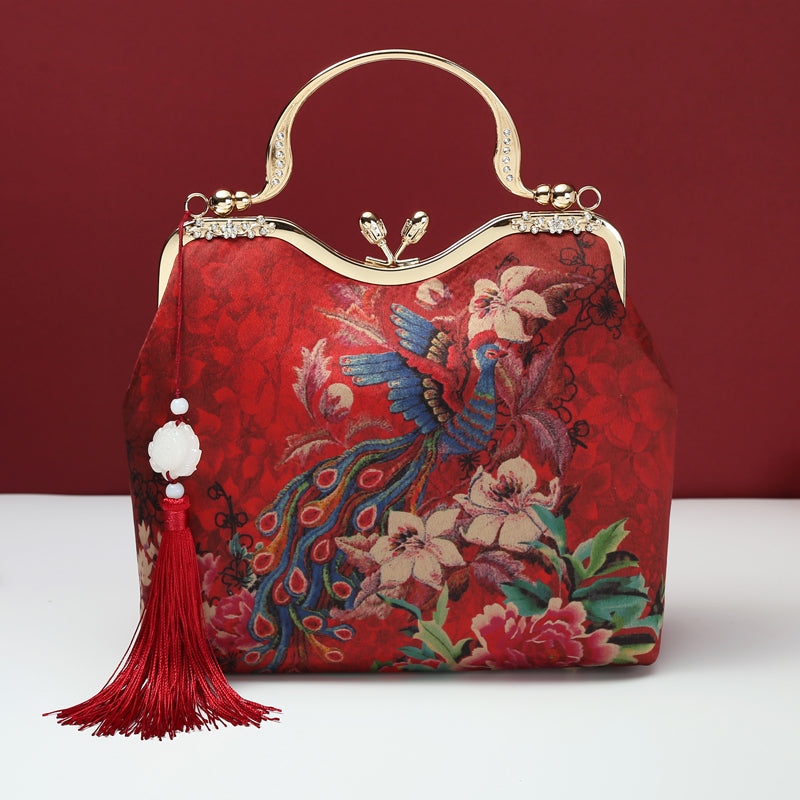 Red Printed Phoenix Chain Shoulder Cross Hand Bag