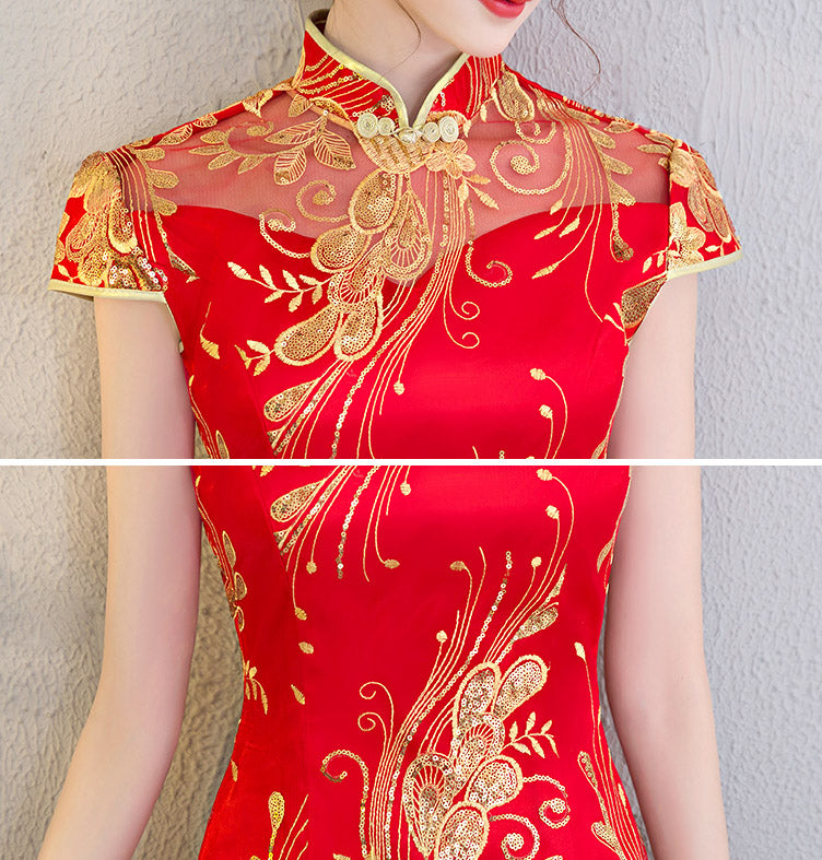 Red Sequnined Phoenix Short Qipao / Cheongsam Wedding Dress
