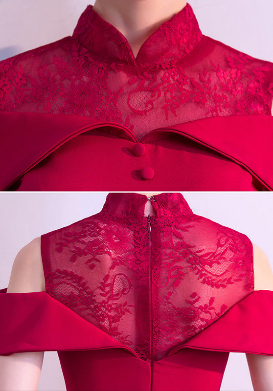 Wine Red Cold Shoulder Fishtail Qipao / Cheongsam Wedding Dress