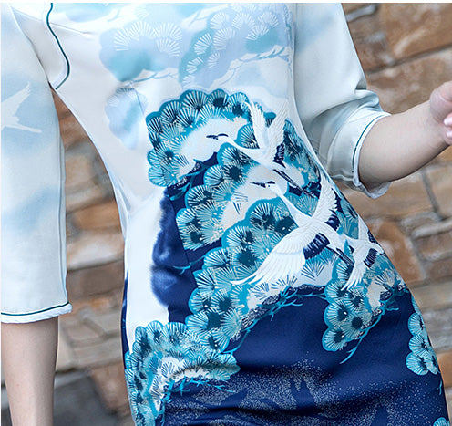 Blue Vintage Printed Short Qipao / Cheongsam Party Dress