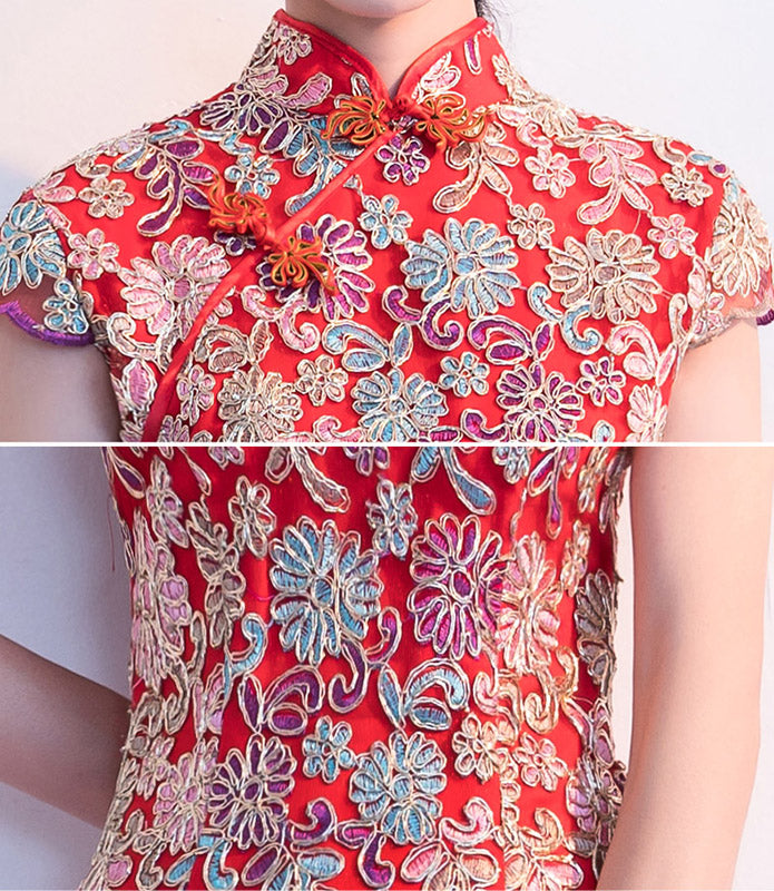Red Woven Floral Midi Qipao / Cheongsam Wedding Dress