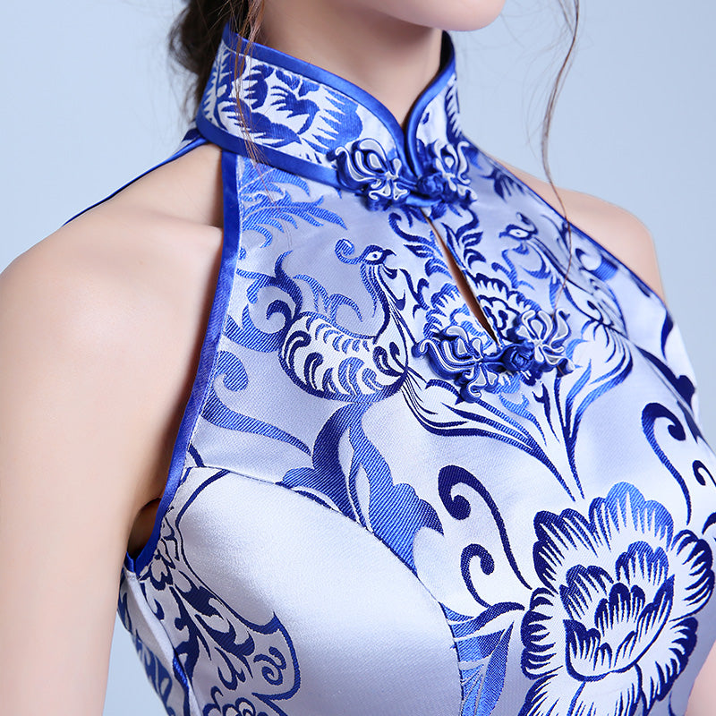 Blue & White Floral Halter Long Qipao / Cheongsam Dress