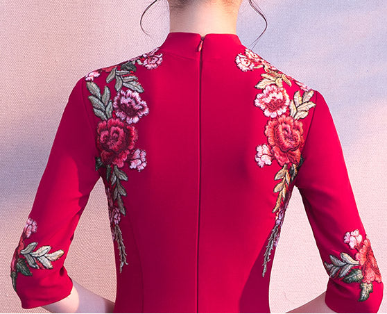 Wine Red Floor-Length Embroidered Qipao / Cheongsam Dress