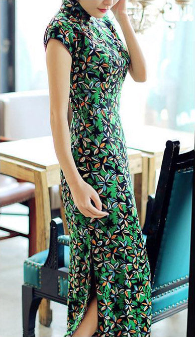 Green Floral Chiffon Qipao / Cheongsam Party Dress