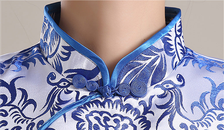 Long Qipao / Cheongsam Party Dress in Blue and White Pattern