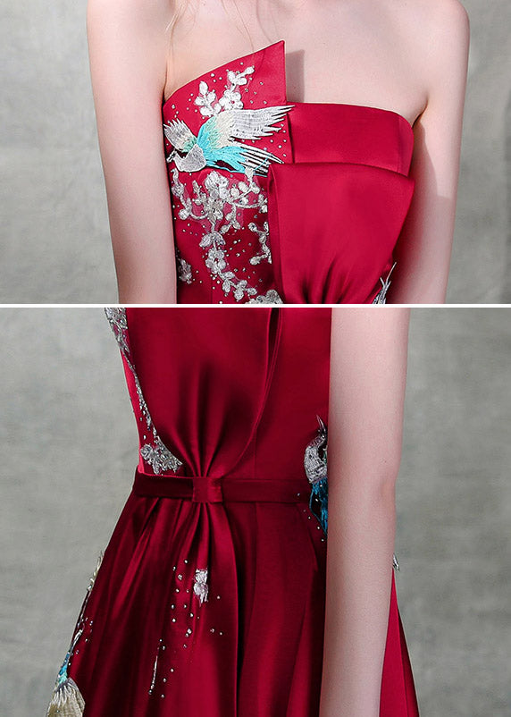 Burgundy Embroidered Strapless Wedding A-Line Prom Dress