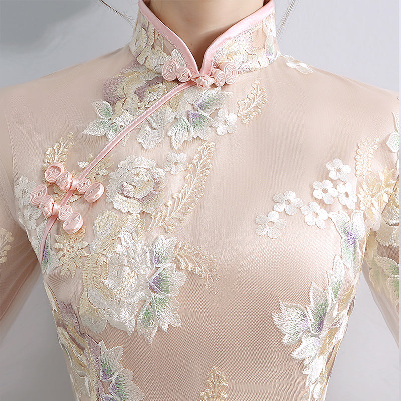 Champagne Embroidered Midi Qipao / Cheongsam Party Dress