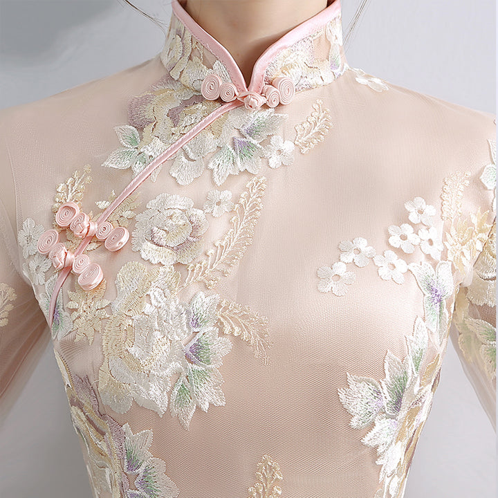 Champagne Embroidered Midi Qipao / Cheongsam Party Dress