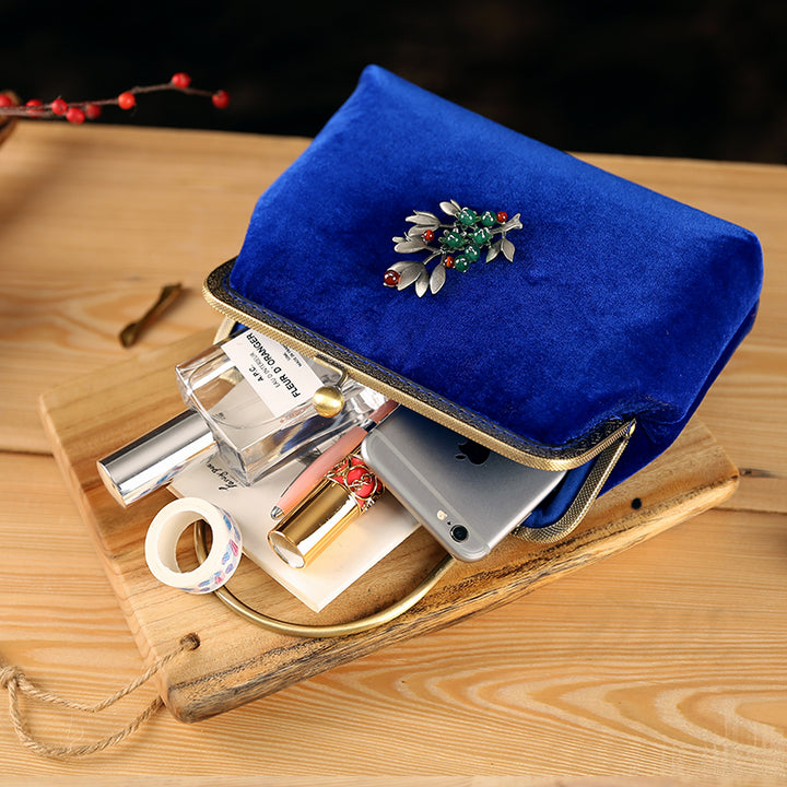 Blue Velvet Chain Shoulder Cross Clutch Bag